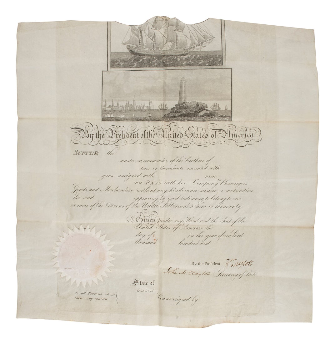 TAYLOR, ZACHARY (1784-1850). Unissued ship's pass document signed ("Z Taylor") as President. N.p., (1 of 2)