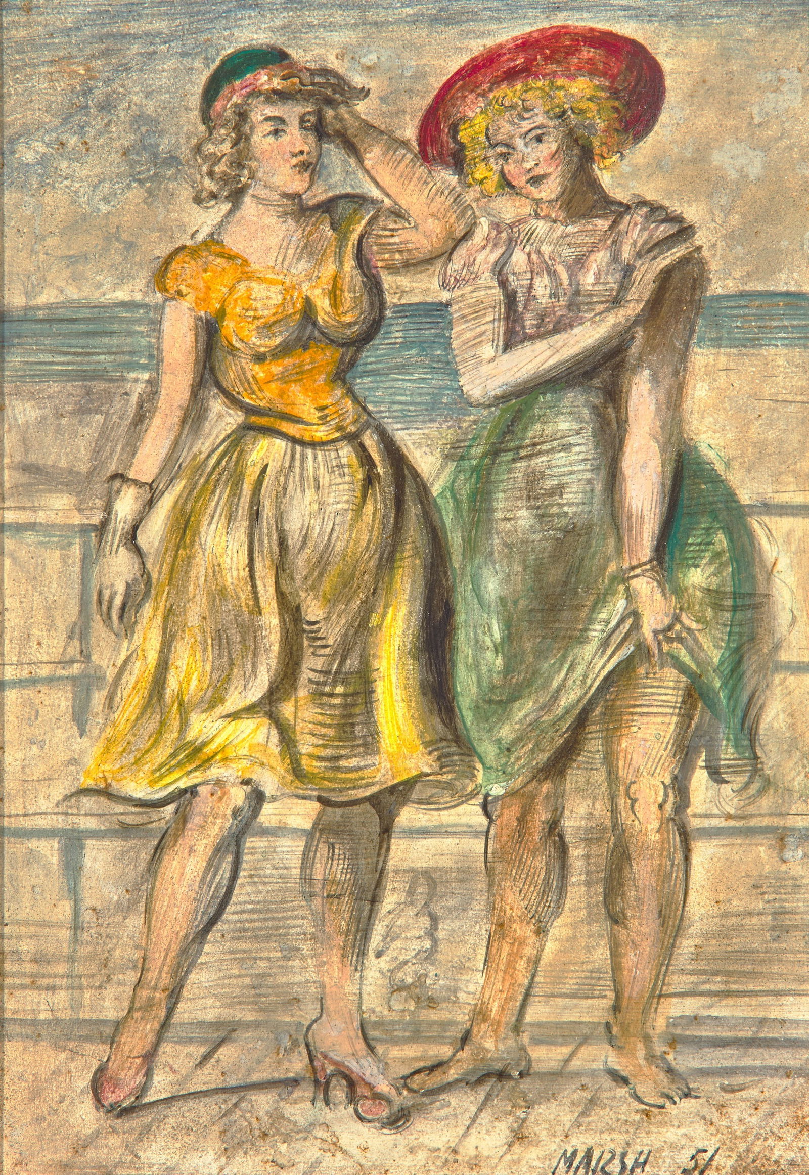 Reginald Marsh (American, 1898-1954) - On the Boardwalk (A Double-Sided Work): Reginald Marsh (American, 1898-1954) - On the Boardwalk (A Double-Sided Work) Signed and dated ‘MARSH 51’ bottom center right; also signed ‘R. marsh’ bottom right verso, oil on