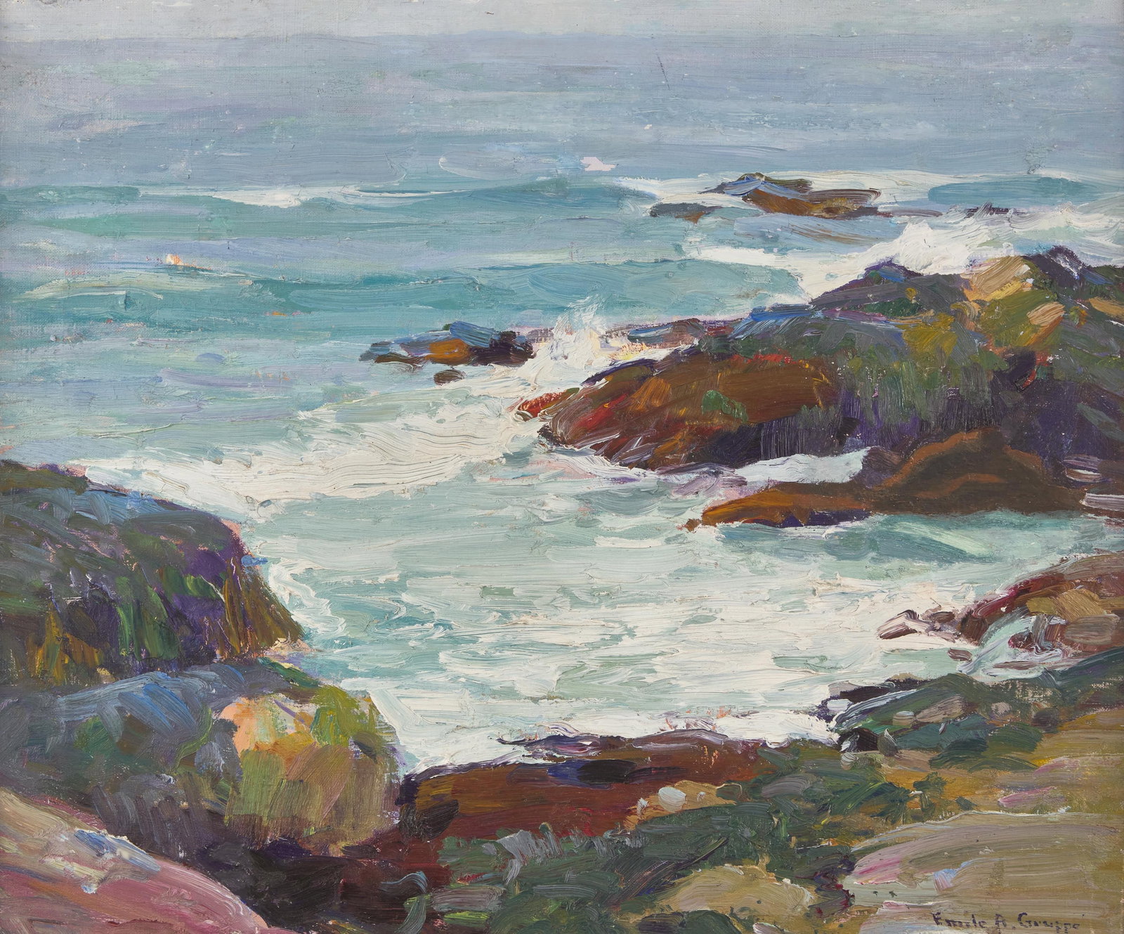 Emile Albert Gruppé (American, 1896-1978) - Rocky Cove: Emile Albert Gruppé (American, 1896-1978) - Rocky Cove Signed ‘Emile A. Gruppe’ bottom right, oil on canvas 20 x 24 in. (50.8 x 61cm) Provenance James D. Julia, Fairfield, sale of Feb