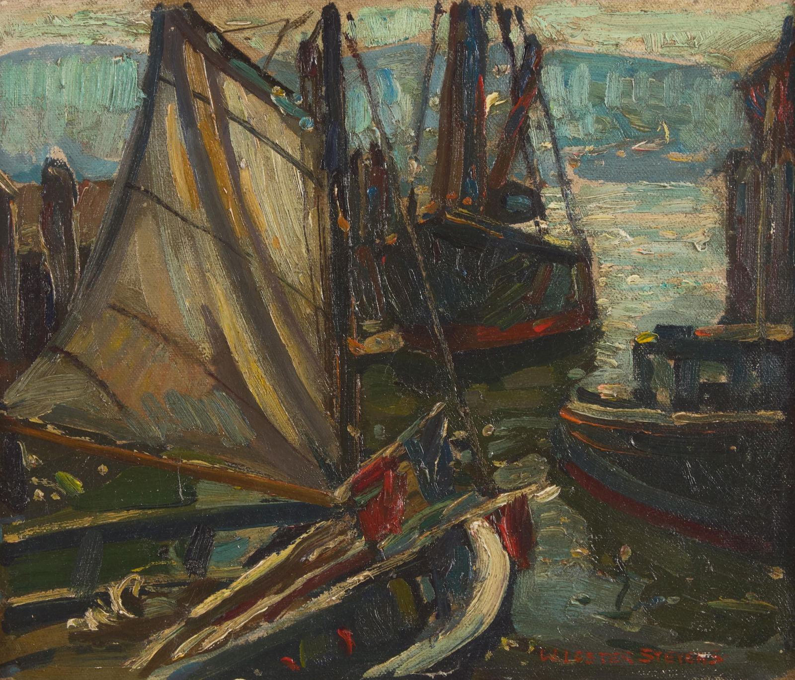 William Lester Stevens (American, 1888-1969) - The White Sail: William Lester Stevens (American, 1888-1969) - The White Sail Signed ‘W. Lester Stevens’ bottom right, oil on canvas 9 ½ x 11 ½ in. (24.1 x 29.2cm) Provenance Blackwood March Auc