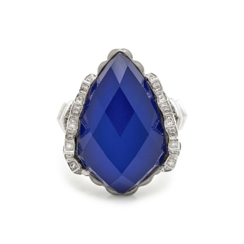 STEPHEN WEBSTER, 'CRYSTAL HAZE' LAPIS LAZULI AND QUARTZ DOUBLET, DIAMOND, AND SAPPHIRE RING: STEPHEN WEBSTER, 'CRYSTAL HAZE' LAPIS LAZULI AND QUARTZ DOUBLET, DIAMOND, AND SAPPHIRE RING Lapis lazuli and quartz doublet measuring approximately 22.75 x 14.00 mm, round brilliant cut diamonds, and