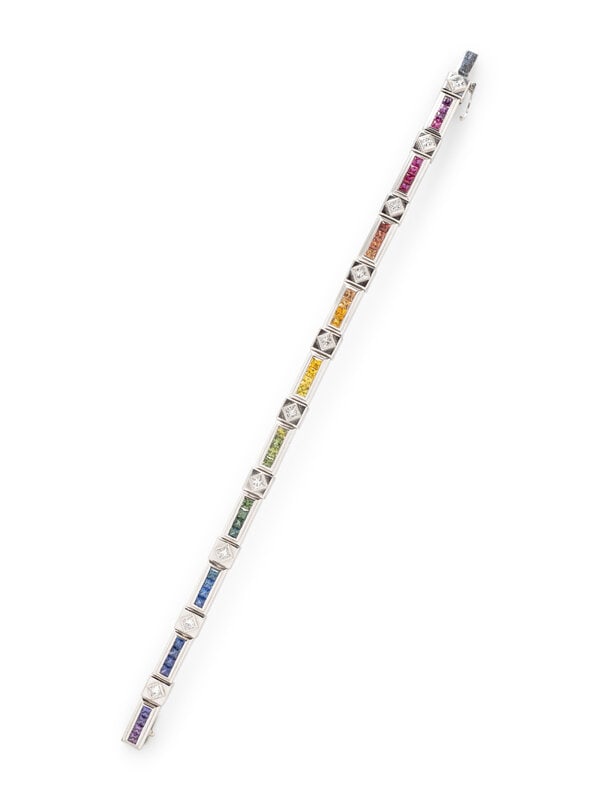 STEPHEN WEBSTER, DIAMOND AND MULTI-COLOR SAPPHIRE BRACELET: STEPHEN WEBSTER, DIAMOND AND MULTI-COLOR SAPPHIRE BRACELET Multi-color square cut sapphires, and princess cut diamonds weighing approximately 1.30 carats total. 18 karat white gold. 7 inches long. Sta