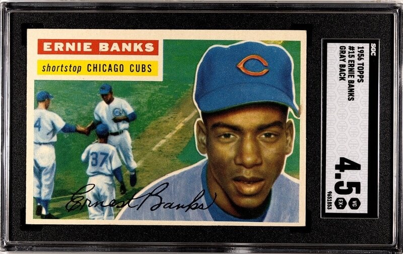 A 1956 Topps Ernie Banks Baseball Card No. 15 Gray Back (SGC 4.5 VG-EX+) (1 of 2)