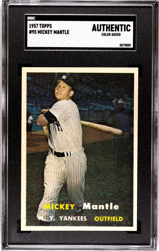 A Group of 1957 Topps Mickey Mantle, Hank Aaron and Ernie Banks Baseball Cards No. 20 (SGC Authentic (1 of 6)