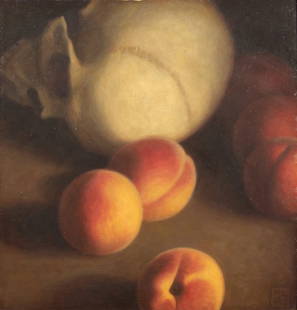 Michael Leonard (British, b. 1933) Small Vanitas (Still Life with Peaches and a Gourd), 1992: Michael Leonard (British, b. 1933) Small Vanitas (Still Life with Peaches and a Gourd), 1992 oil on Masonite initialed M L and dated (lower right); signed, titled, and inscribed with measurements and