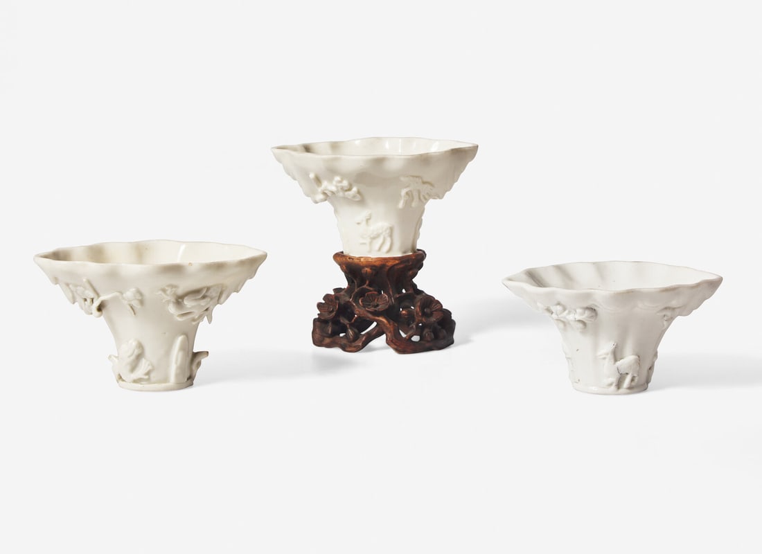 Three Chinese Dehua Porcelain Libation Cups and a Wood Stand (1 of 11)