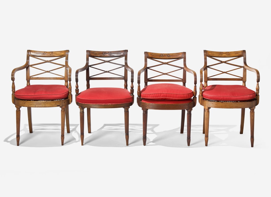 A Pair and Two Similar Federal Carved Mahogany Armchairs: A Pair and Two Similar Federal Carved Mahogany Armchairs Manner of Duncan Phyfe, New York, Circa 1815 two with upholstered seats and the pair with caned seats. Height 33 x width 21 1/2 x depth 20 inch