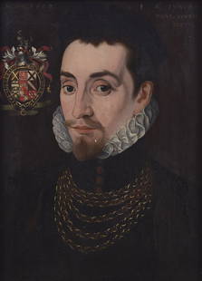 Follower of George Gower (British, 1540-1596) Portrait of an Elizabethan Man, Possibly: Follower of George Gower (British, 1540-1596) Portrait of an Elizabethan Man, Possibly Edmund Huddleston, 1562 oil on panel dated and with abbreviated Latin inscription ANO DNI [anno domini] 1