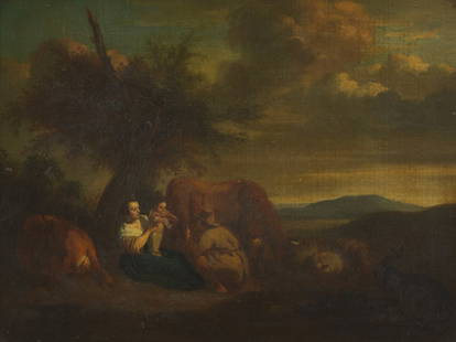 Follower of Adriaen van de Velde (18th Century or earlier) Figures in an Arcadian Landscape: Follower of Adriaen van de Velde (18th Century or earlier) Figures in an Arcadian Landscape oil on canvas inscribed on stretcher, ‘A. Vandervelde’ 13 x 17 1/8 inches. Provenance: Aline Tho