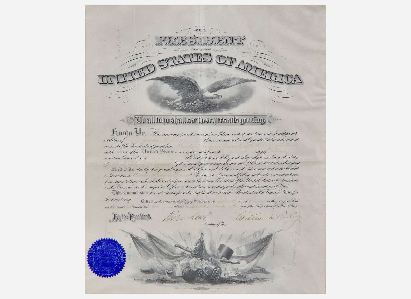 [Presidential] McKinley, William: Partially-Printed Document, signed (1 of 2)