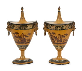 Continental Tole Urn with Tole Painted Flowers Continental Tole Urn with Tole Painted Flowers