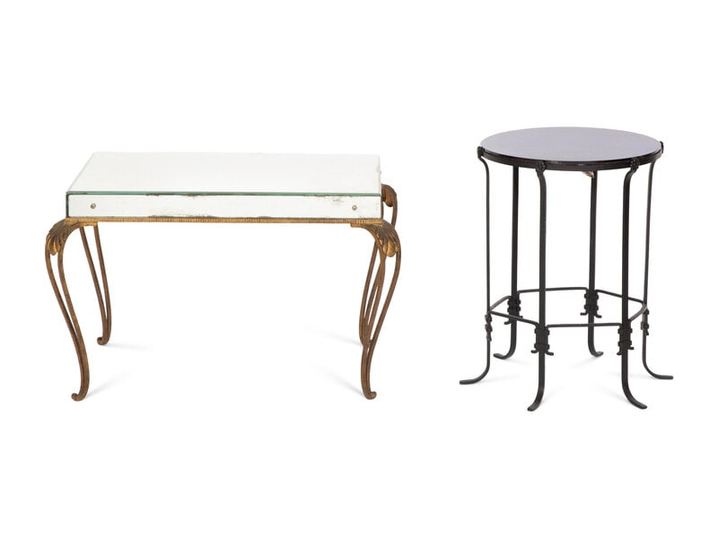 A Mirror and Brass Low Table and Associated Blue Glass and Wrought Iron Occasional Table (1 of 12)
