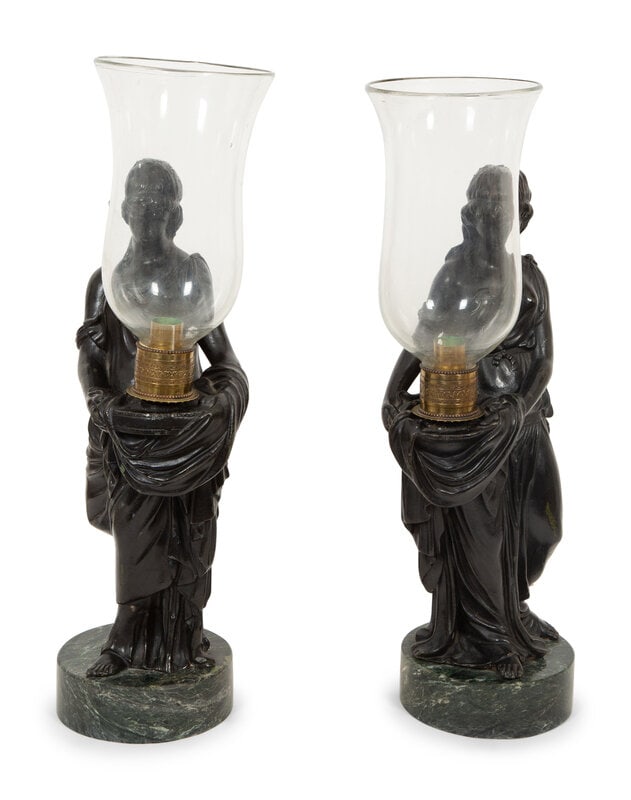 A Pair of Figural Hurricane Candlesticks on Verde Antico Marble Bases  (1 of 12)