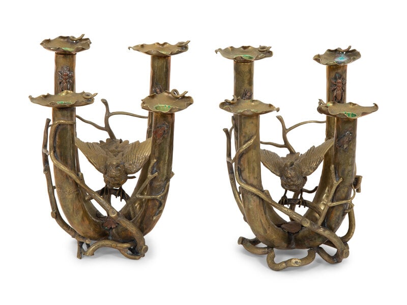 A Pair of Cast Brass Four-Light Candelabra with Birds and Insects (1 of 12)