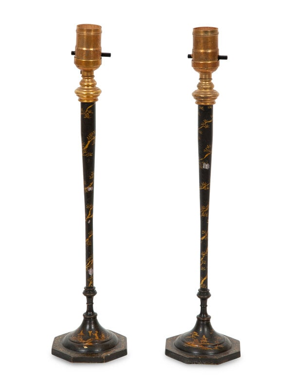 A Pair of Gilt and Black-Painted Metal Candlesticks Mounted as Lamps (1 of 13)
