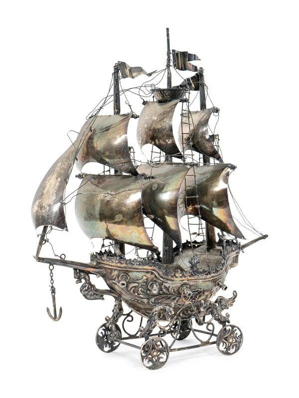 A German Silvered Metal Model of a Three-Masted Ship (1 of 5)