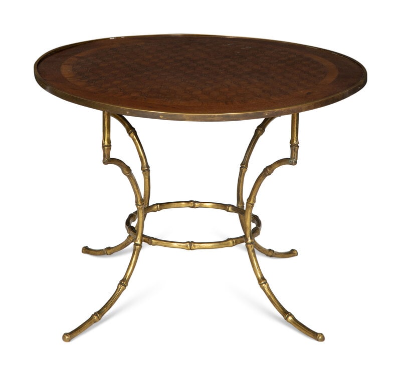 A Brass Bound Parquetry Inlaid Occasional Table with Cast Brass Bamboo Styled Base  (1 of 4)