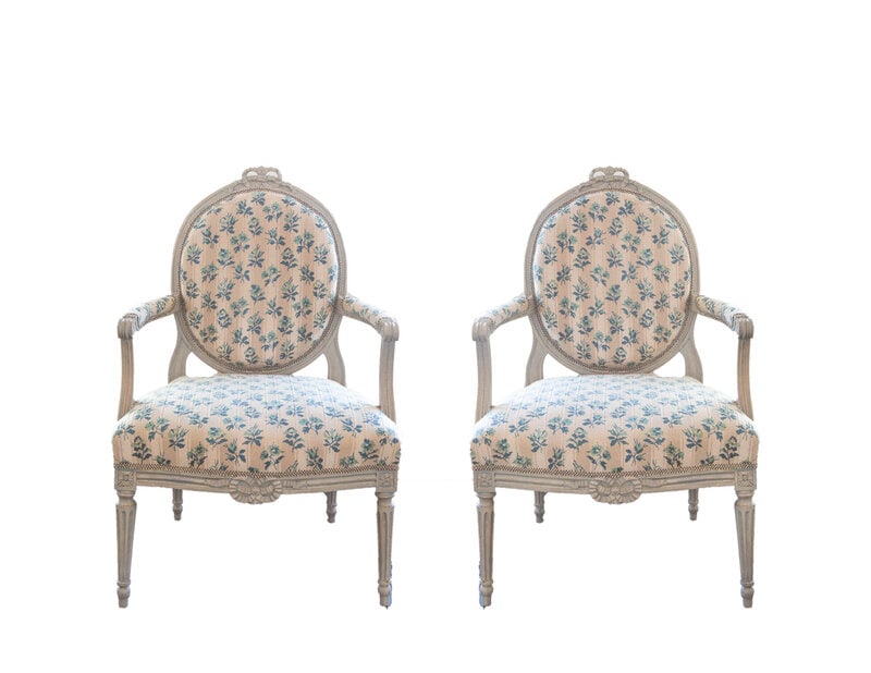 A Pair of Louis XVI Carved and Gray Painted Fauteuils: A Pair of Louis XVI Carved and Gray Painted Fauteuils Late 18th Century Height 38 x width 25 1/2 x depth 26 inches. This lot is located in Palm Beach. Condition