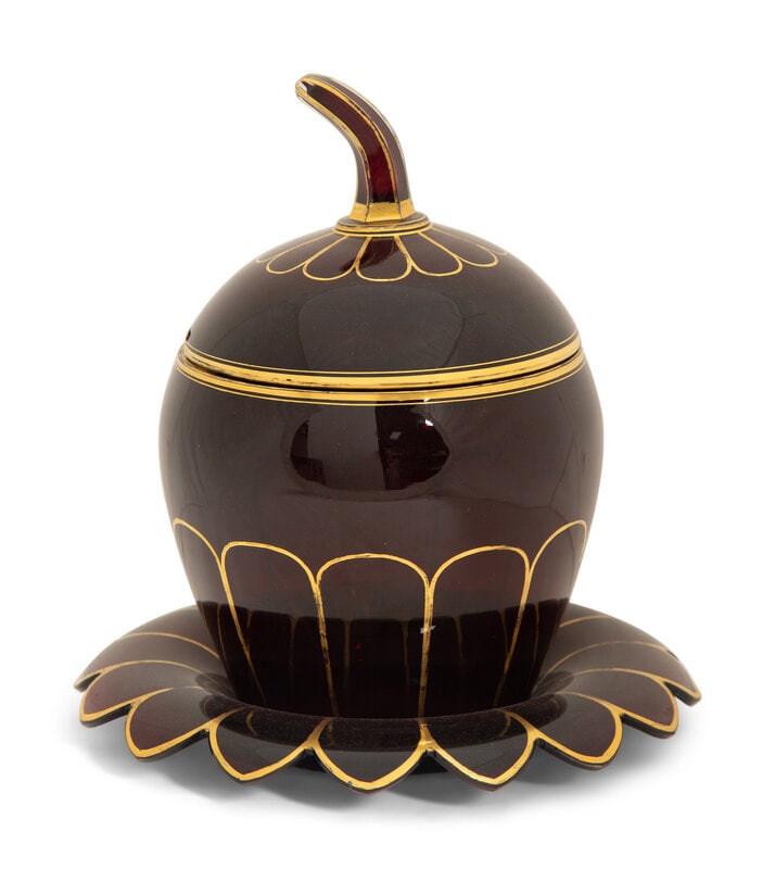 A Bohemian Gilt Decorated Ruby Glass Punch Bowl, Cover and Underplate  (1 of 3)