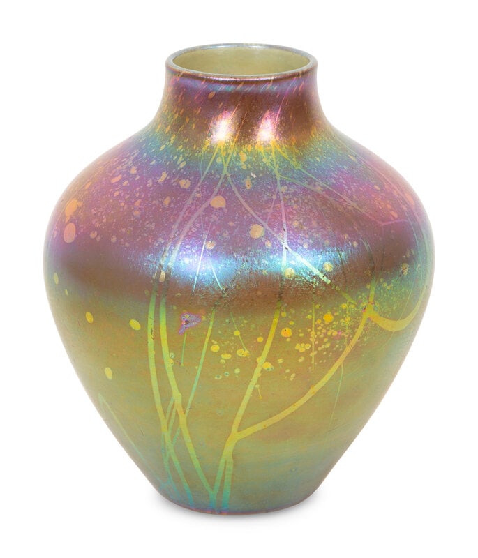 A Tiffany Studios Gold Decorated Favrile Glass Vase: A Tiffany Studios Gold Decorated Favrile Glass Vase 1920's Tiffany Studios label adhered to pontil. Height approx. 6 inches.