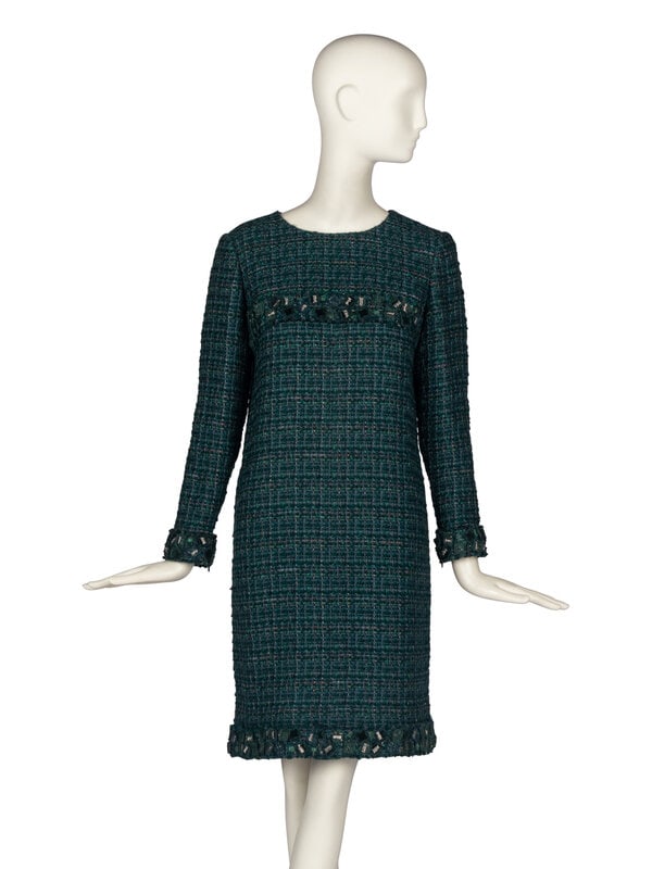 Chanel Fantasy Tweed Dress : Chanel Fantasy Tweed Dress Long-sleeve mid-length dress in teal tweed with metallic thread. Straight silhouette. Embroidered trim. Back zip closure. Silk lining. Label: Chanel Size: 42