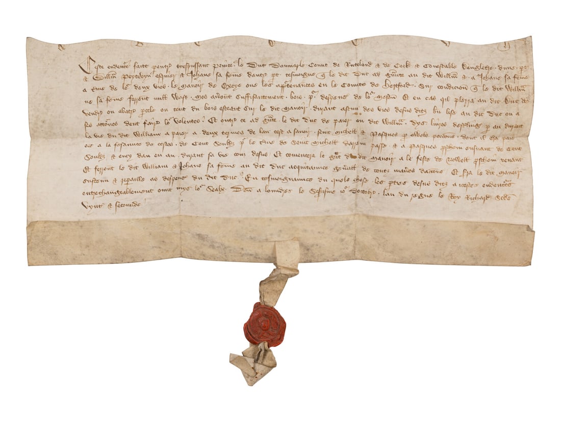 IMMORTALIZED BY SHAKESPEARE Indenture by the Duke of Aumale, to William Peytenin and Joan his wife,: IMMORTALIZED BY SHAKESPEARE Indenture by the Duke of Aumale, to William Peytenin and Joan his wife, in Anglo-French, manuscript on parchment and seal [London, 16 October 1398] One of the most importan