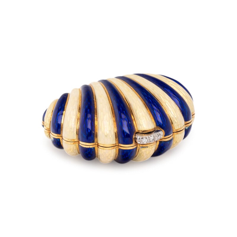 SPAULDING & CO., YELLOW GOLD AND ENAMEL PILL BOX: SPAULDING & CO., YELLOW GOLD AND ENAMEL PILL BOX Blue and white guilloche enamel, round transitional cut diamond thumb press. 18 karat yellow gold. 2 x 1 1/2 inches. Stamp: SP & CO. ITALY 18K
