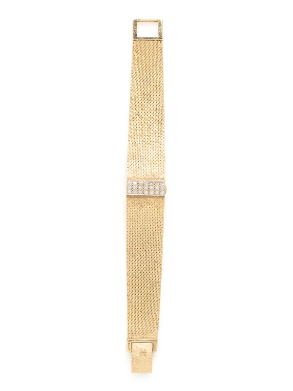 HAMILTON, YELLOW GOLD AND DIAMOND HIDDEN DIAL WATCH: HAMILTON, YELLOW GOLD AND DIAMOND HIDDEN DIAL WATCH Maker: Hamilton Case size: Approx. 14 x 14 mm Case material: 14K yellow gold Bezel: Single