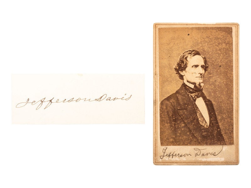 [CIVIL WAR]. DAVIS, Jefferson (1808-1889). Group of 3 items, incl. clipped signature and CDV. (1 of 3)