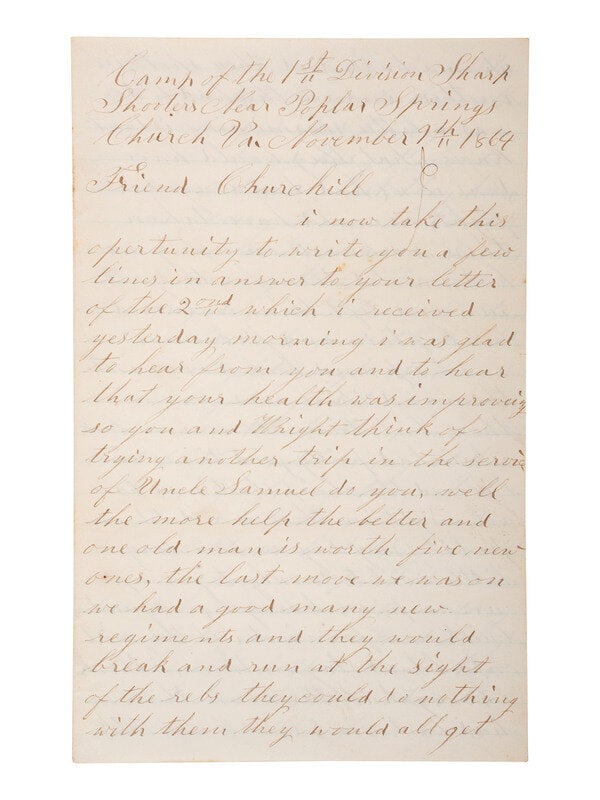 [CIVIL WAR]. Letter from a sharpshooter, 18th & 32nd MA, 1st Div., V Corps, describing his rifle. : [CIVIL WAR]. Letter from a sharpshooter, 18th & 32nd MA, 1st Div., V Corps, describing his rifle. Letter from sharpshooter Alden Spooner, 18th & 32nd Massachusetts Infantry, 1st Division