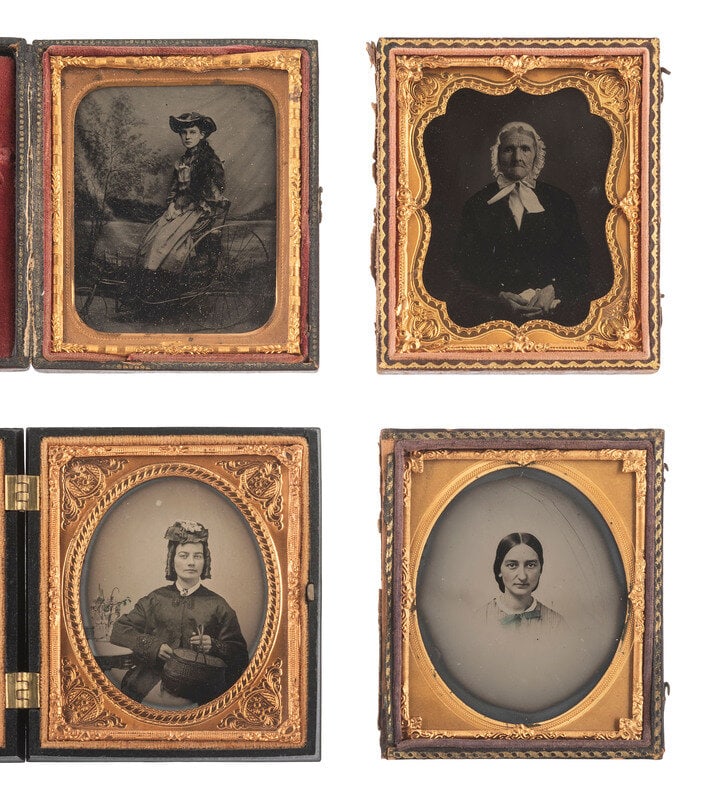 [EARLY PHOTOGRAPHY]. 57 sixth and ninth plate ambrotypes and tintypes of men and women.  (1 of 14)