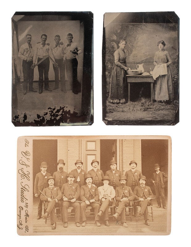 [EARLY PHOTOGRAPHY]. 9 occupational photos, incl. carpenters, butchers, housekeepers, & a barber.: [EARLY PHOTOGRAPHY]. 9 occupational photos, incl. carpenters, butchers, housekeepers, & a barber. A fine selection of occupational photographs, including: 2 images of a butchers wearing aprons, ea