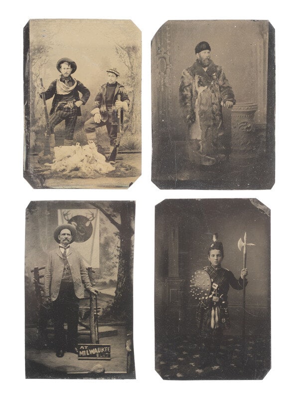 [EARLY PHOTOGRAPHY]. 19 indoor & outdoor tintypes, incl. hunters, cowboys, & curious characters.  (1 of 4)