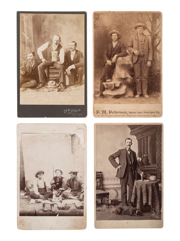 [WESTERN AMERICANA]. 4 cabinet cards, incl. man purported to be Tom Horn, credited to Pohjola, WY.: [WESTERN AMERICANA]. 4 cabinet cards, incl. man purported to be Tom Horn, credited to Pohjola, WY. Cabinet card view of three men seated in a studio. The gentleman at center sits in a chair, reading a