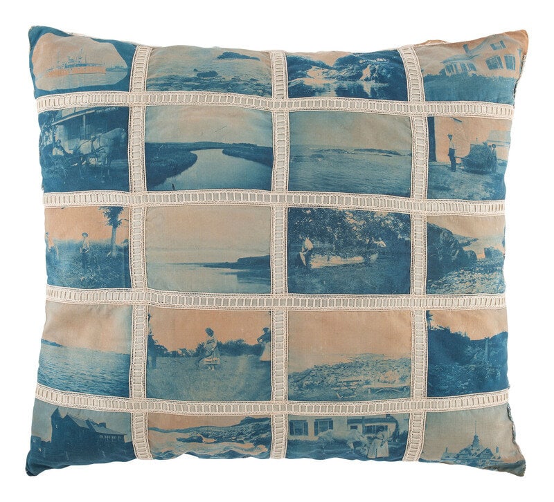 [EARLY PHOTOGRAPHY - AMERICANA]. Silk pillow comprised of 20 cyanotype images. : [EARLY PHOTOGRAPHY - AMERICANA]. Silk pillow comprised of 20 cyanotype images. 17 x 18 in. satin pillow, featuring a group of 20 cyanotypes stitched to the front, each approx. 3 x 4 1/4 in., with cont