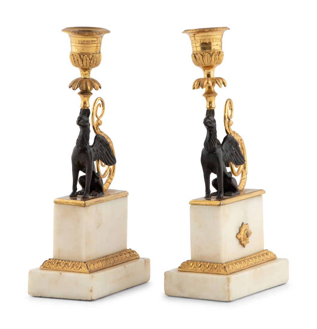 A Pair of Louis Philippe Parcel Gilt Bronze and Marble Griffin Candlesticks (1 of 7)