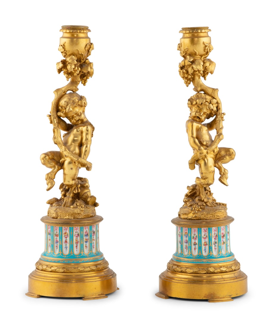 A Pair of French Gilt Bronze and Bourdin Porcelain Figural Candlesticks (1 of 4)