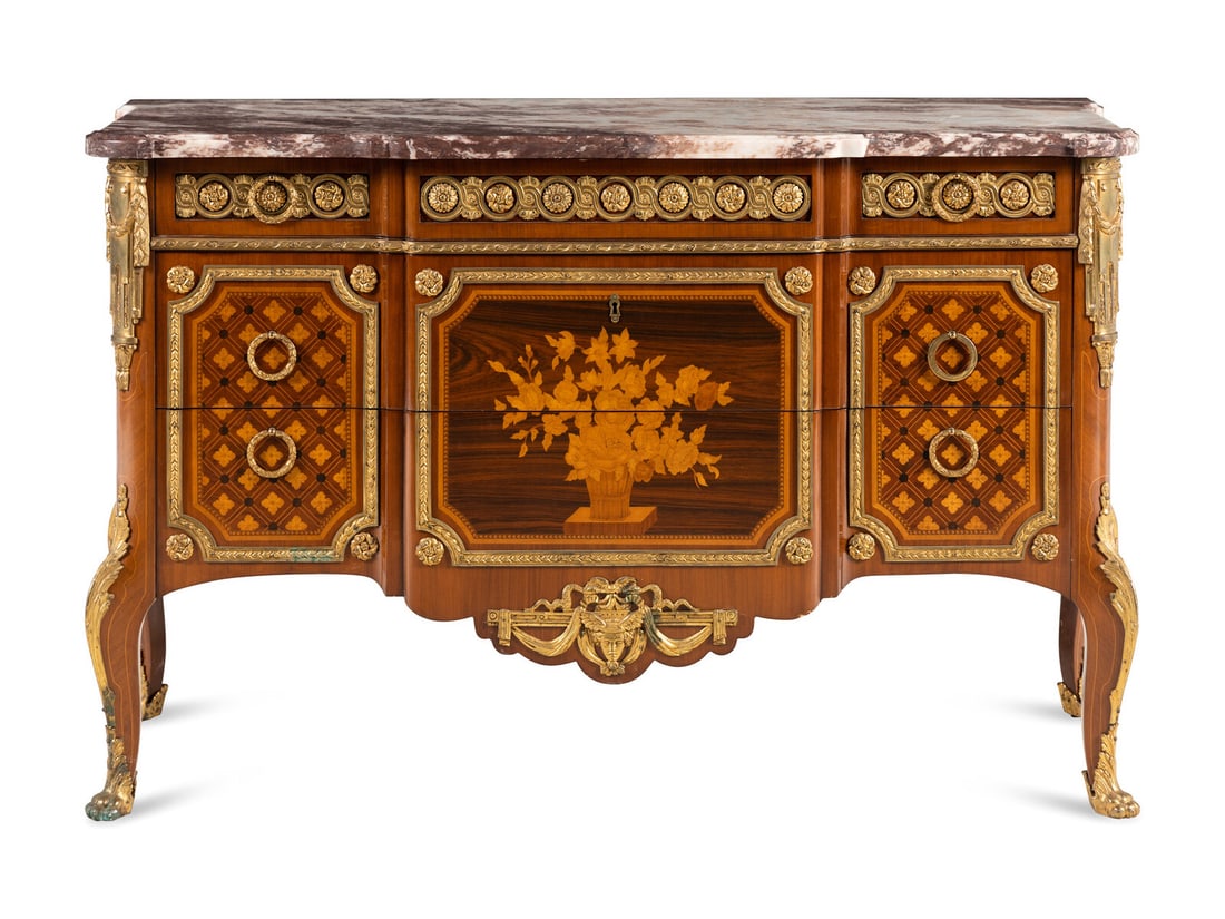 A Louis XVI Style Marquetry Marble-Top Commode (1 of 5)