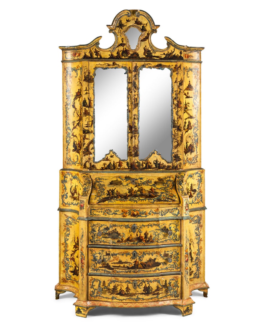 An Italian Baroque Style Cream and Polychrome Painted Bureau Cabinet (1 of 7)