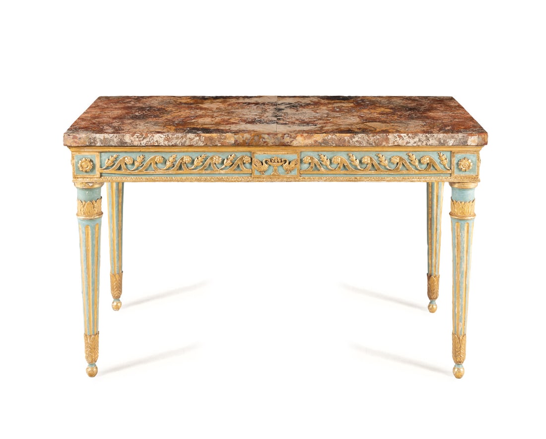 A North Italian Neoclassical Blue Painted and Parcel Gilt Marble-Top Console Table (1 of 4)