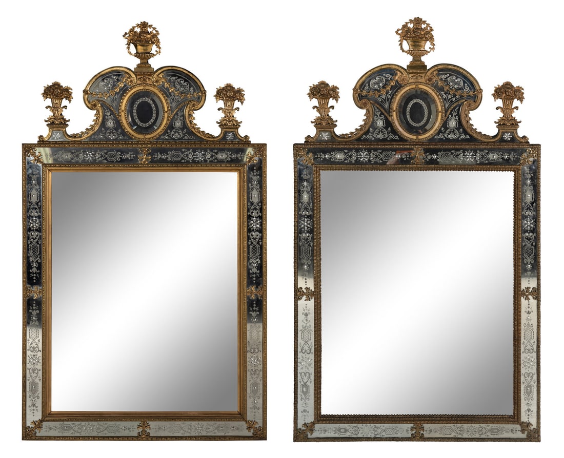 A Pair of Swedish Baroque Style Gilt Metal Mounted Etched Glass Mirrors (1 of 4)