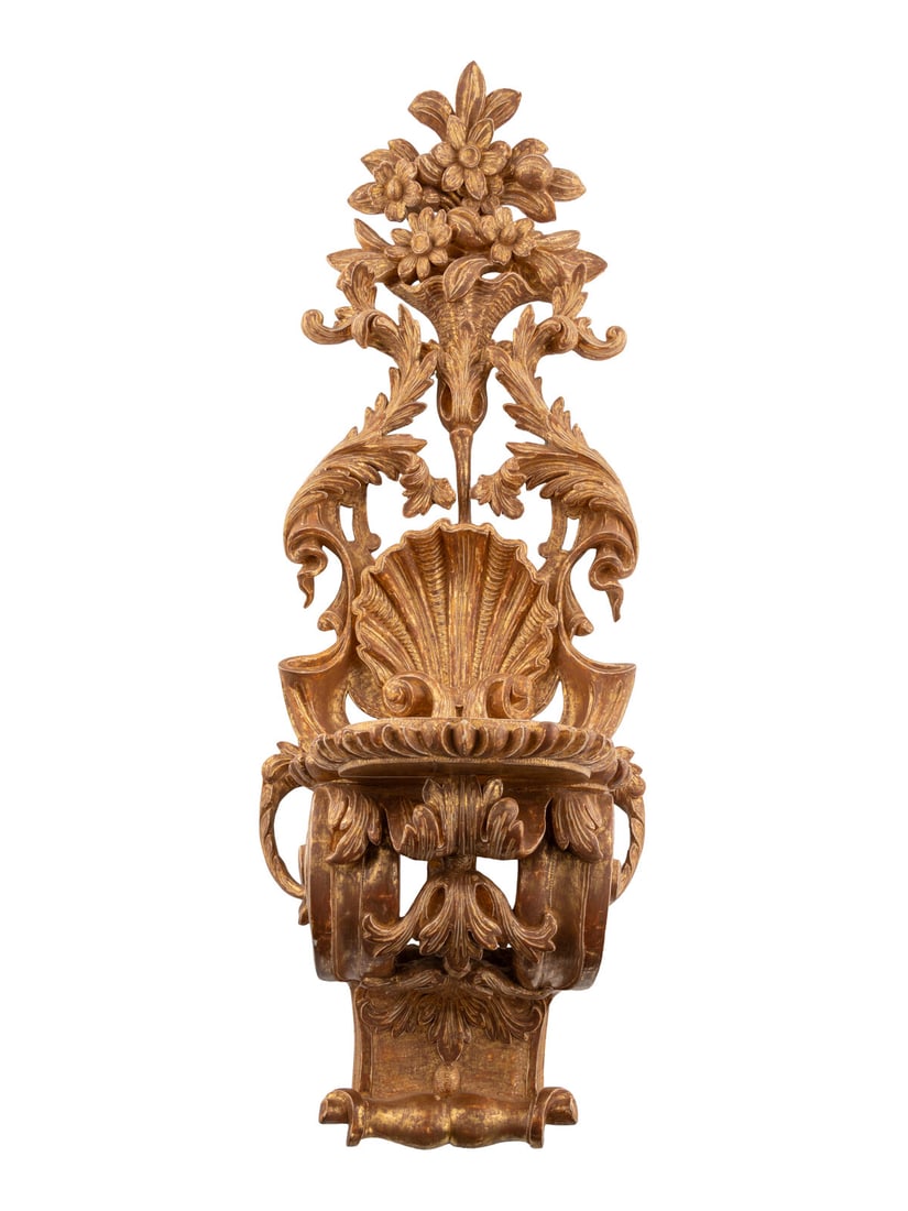 A George II Giltwood Wall Bracket: A George II Giltwood Wall Bracket Manner of William Kent, Circa 1740 Height 36 x width 13 x depth 12 inches. This lot is located in Chicago. Property from the Charlecote Antique Store, Kansas City, Mi