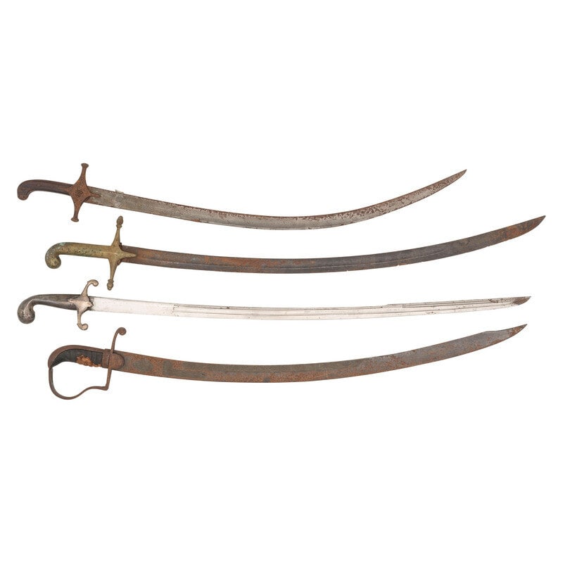 Lot of 4 Indo-Persian Shamshirs: Lot of 4 Indo-Persian Shamshirs Lot of Four Indo-Persian Shamshirs with curved single-edge blades ranging from 28" to 32" in length and from 32.5" to 37" overall with hilts. Two hilts are composed of 