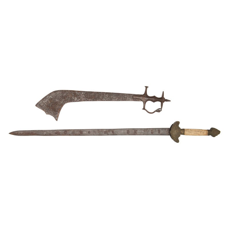 Lot of 2 Ethnographic Swords Including: Nepalese Kora and Chinese Jian: Lot of 2 Ethnographic Swords Including: Nepalese Kora and Chinese Jian Lot includes: 1.) Nepalese Kora - 20" blade, 25" overall. Single edge forward curving blade with a widened tip. Blade appears to 