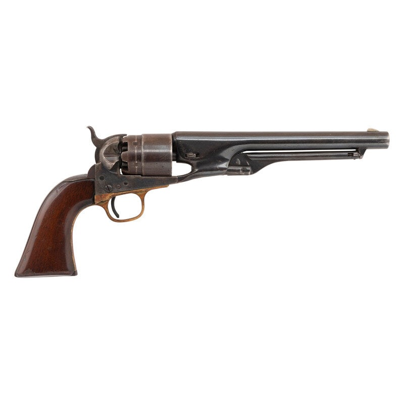 1862 Production Colt Model 1860 Army Revolver: 1862 Production Colt Model 1860 Army Revolver .44 caliber. 8" barrel. SN: 34513 (mfg. ca.1862). Blued and color casehardened finish, brass triggerguard, one-piece varnished walnut grip. Single action 