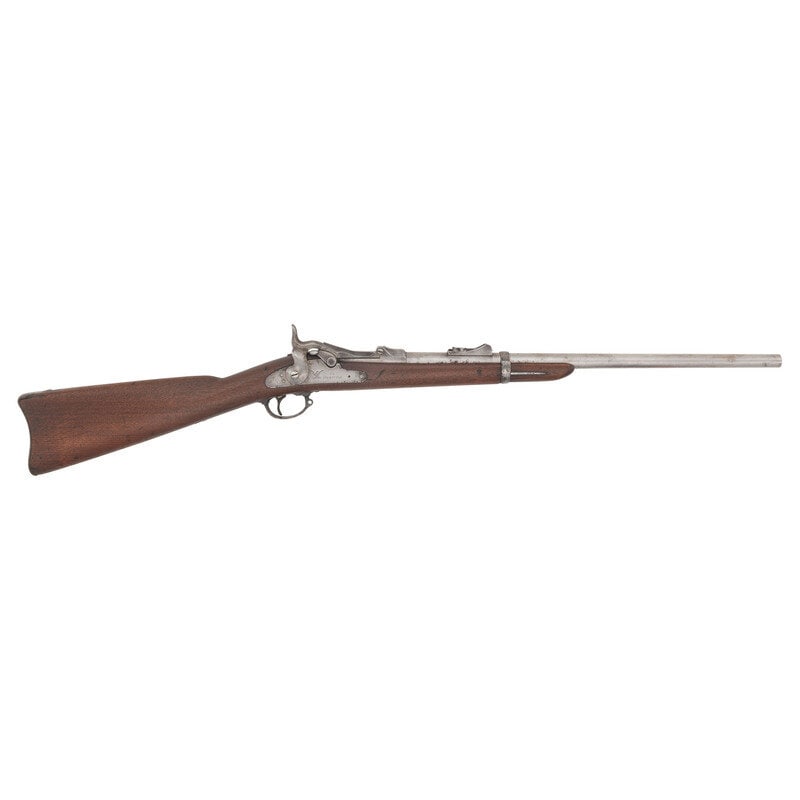 U.S. Springfield Model 1877 Trapdoor Rifle Altered to Carbine Configuration: U.S. Springfield Model 1877 Trapdoor Rifle Altered to Carbine Configuration Indian Wars .45-70. 22" barrel. SN: 92379 (mfg. ca.1878). No finish remaining, walnut stock with long comb and short, thick 