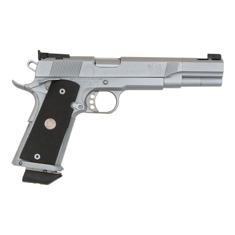 *Springfield Armory 1911-A1 Customized by Woods Pistol Smithing with Muzzle Brake in .38 Super: *Springfield Armory 1911-A1 Customized by Woods Pistol Smithing with Muzzle Brake in .38 Super .38 Super. 6" barrel length including muzzle brake. SN: NM93561. Short recoil operated single action auto