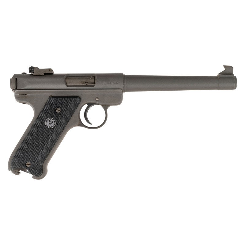*Ruger Mark II Target with Internally Threaded Barrel: *Ruger Mark II Target with Internally Threaded Barrel .22 LR. 6.5" barrel length. SN: 19-34385. Gray Parkerized metal finish overall mounting black synthetic checkered grips and adjustable rear target