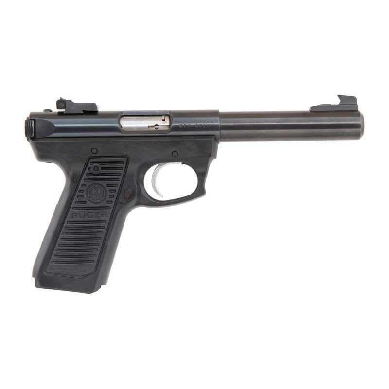 *Ruger 22/45: *Ruger 22/45 .22 LR. 5.5" barrel length. SN: 223-43137. Blued metal finish with polished bolt and mounting a black synthetic frame with RUGER grip panels. Simple blowback operated striker action autol