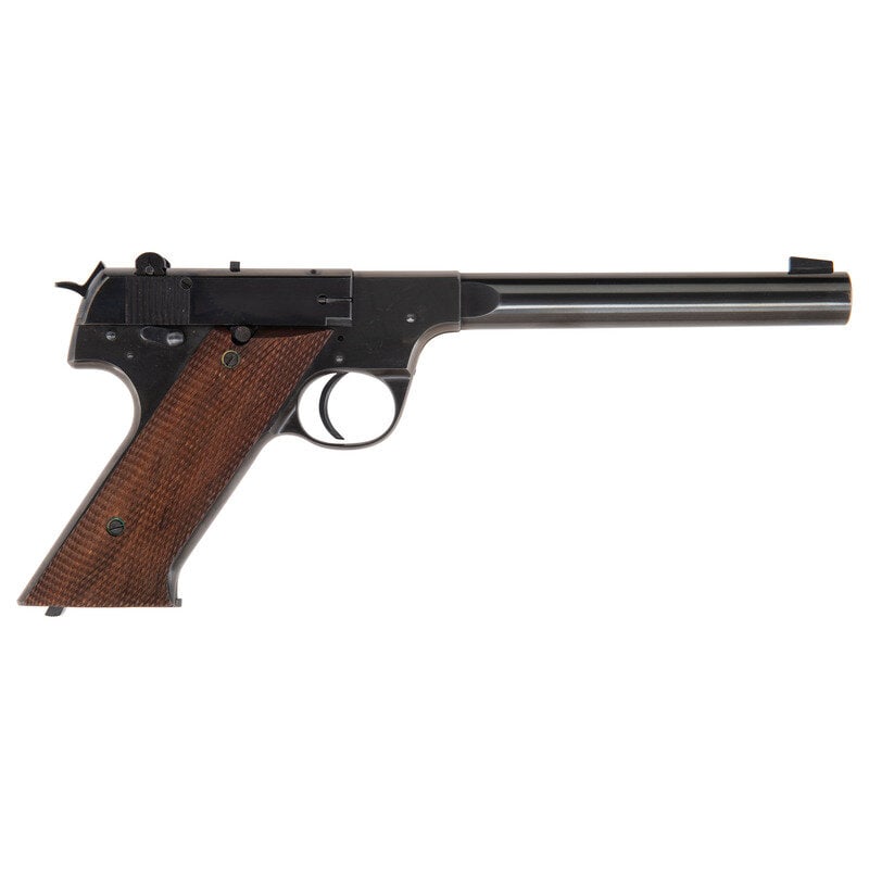 **Hi-Standard Model H-D Military: **Hi-Standard Model H-D Military .22 LR. 6.75" barrel length. SN: 157708. Blued metal finish overall mounting checkered walnut grips and adjustable target rear notch and matted front blade sights. Sim